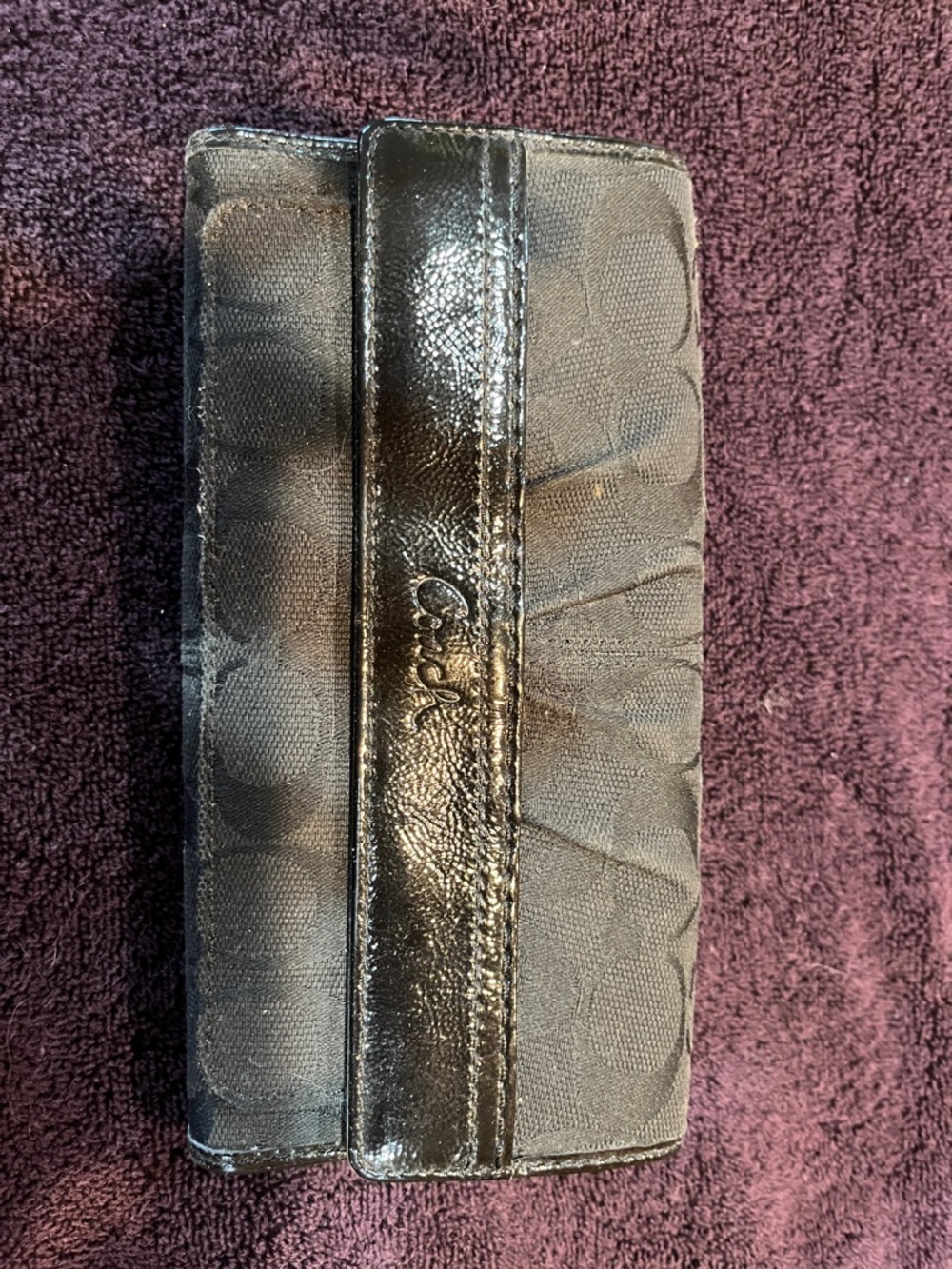 Coach Black Signature Fabric Wallet with Patent Trim